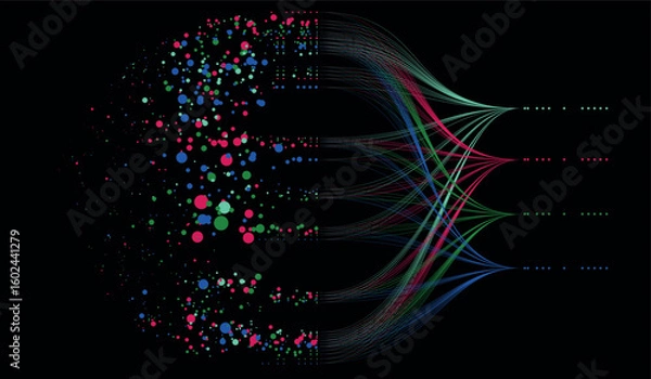 Obraz Colorful data points connected by lines on a black background.