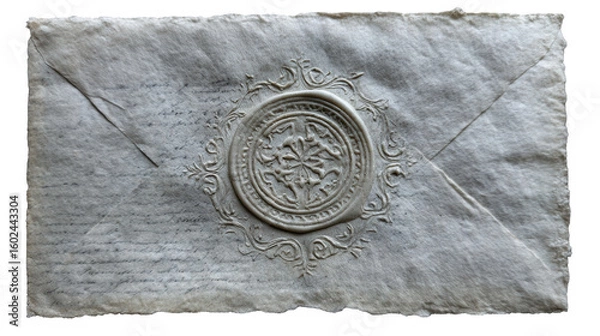 Fototapeta An old, weathered white envelope with an ornate wax seal in the center. The ink writing on the paper is faded and difficult to read, but there are still visible details around the edges. 