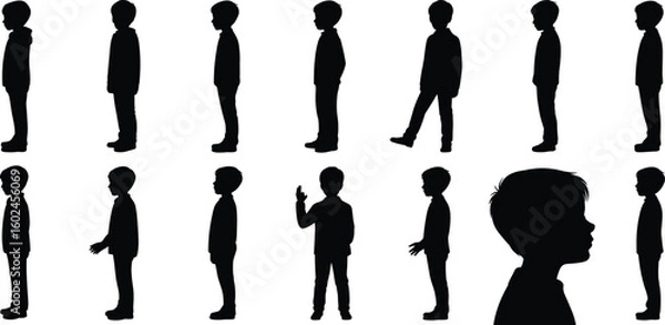 Fototapeta Boy silhouette vector illustration, standing walking child poses, kids profile side view flat design for clipart, educational, animation use