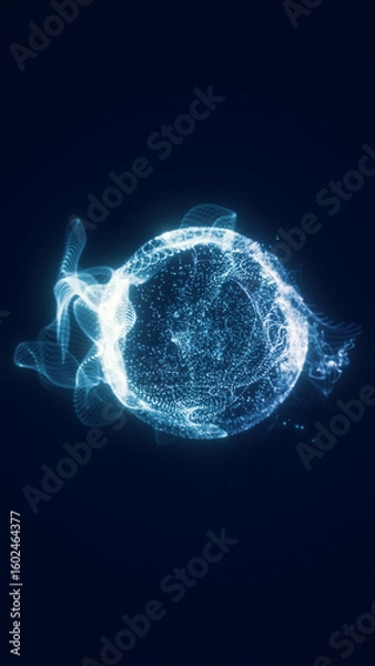 Obraz Glowing sphere of dynamic blue particles and waveforms forming a digital orb in a dark space background