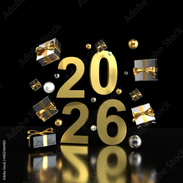 Fototapeta A 3D illustration of "2026" in gold text on a black reflective background, surrounded by floating gift boxes and shiny spheres, perfect for New Year celebrations.