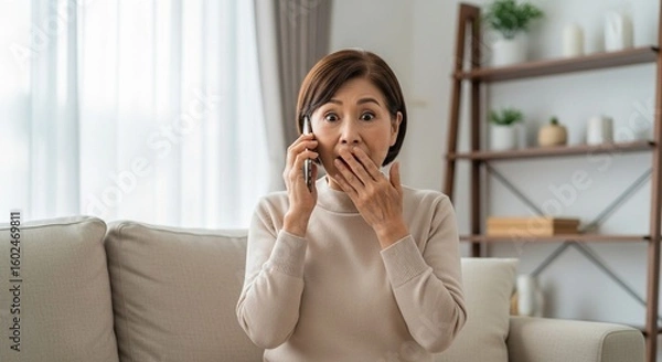 Fototapeta 詐欺の電話に驚くシニア日本人女性