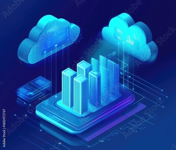Fototapeta Isometric cloud computing illustration.  Data centers,  clouds,  and digital connections
