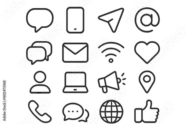 Fototapeta Collection of digital communication icons representing various online interactions and activities