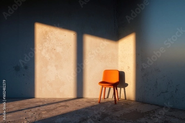 Fototapeta Minimal orange chair in empty textured room with dramatic sunlight and shadows on concrete floor and wall