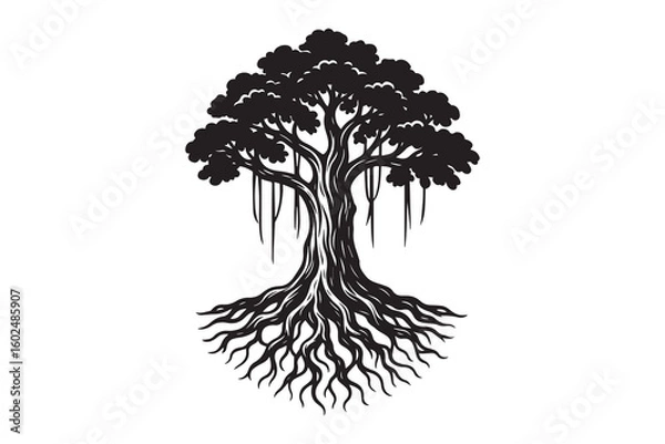 Obraz Banyan tree silhouette with white background