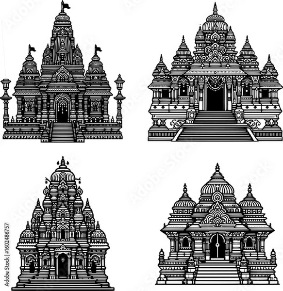 Fototapeta set of four black and white flat vector of a hindu temple (mandir) with towered design and traditional ornate outline.
