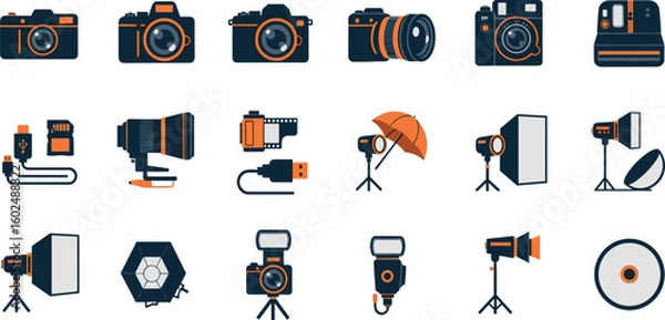 Fototapeta Photography Gear Vector Icon Set – DSLR Camera, Digital Camera, Lens, Filmstrip, SD Card, Tripod, Studio Flash, Reflector, Lightbox, Umbrella