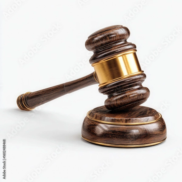 Fototapeta A close up shot of a wooden gavel with gold accents on a white background in a studio setting