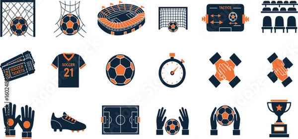 Fototapeta Soccer Vector Icon Set Adjustable Line Weight Ball, goal, field, match, player, team, kick, stadium, uniform, referee, trophy, shoot, coach, tactics icons