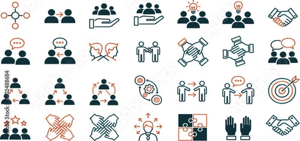 Fototapeta Teamwork Vector Icon Set Adjustable Line Weight Collaboration, support, communication, unity, connection, brainstorming, handshake, discussion, partnership, leadership, trust