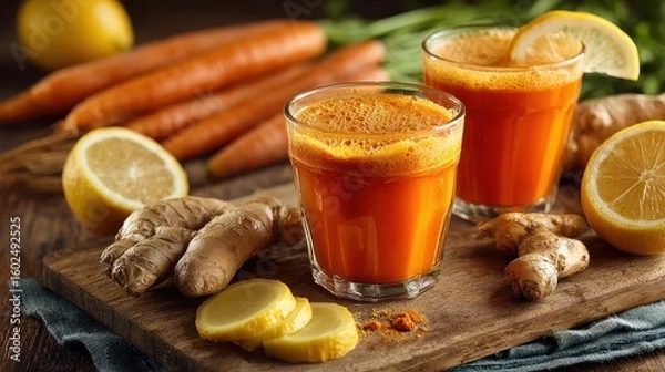 Fototapeta Two glasses of carrot juice with ginger, turmeric, and lemon on a wooden board. Showcase healthy eating and detoxifying beverages for wellness campaigns.