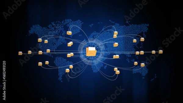 Obraz Global data file sharing network showing folders connected over a digital world map, and secure communication. Technology big data digital background. 3d rendering