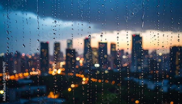 Obraz 먹구름이 가득한 흐린 하늘의 비 오는 날. 하늘은 어둡고 분위기는 우울하며, 화면(유리창) 위에 맺힌 빗방울이 위에서 아래로 천천히 흘러내린다.