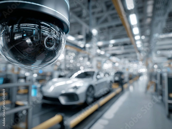 Fototapeta Security camera monitors the production line, providing surveillance and quality control over the assembly of automobiles inside of a factory