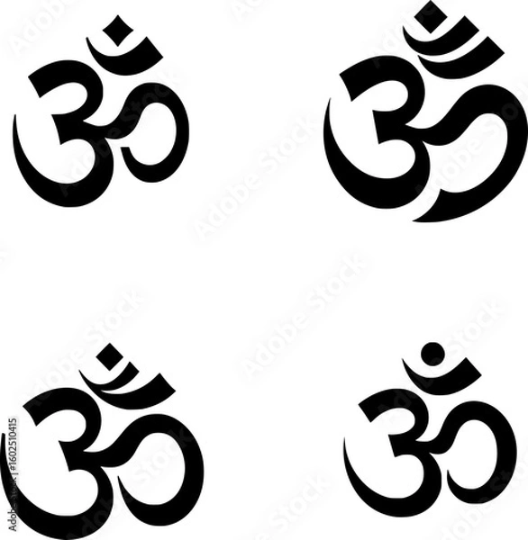 Obraz set of four black and white flat vector icon of the mm symbol in sanskrit, bold, sacred, and minimal spiritual icon.