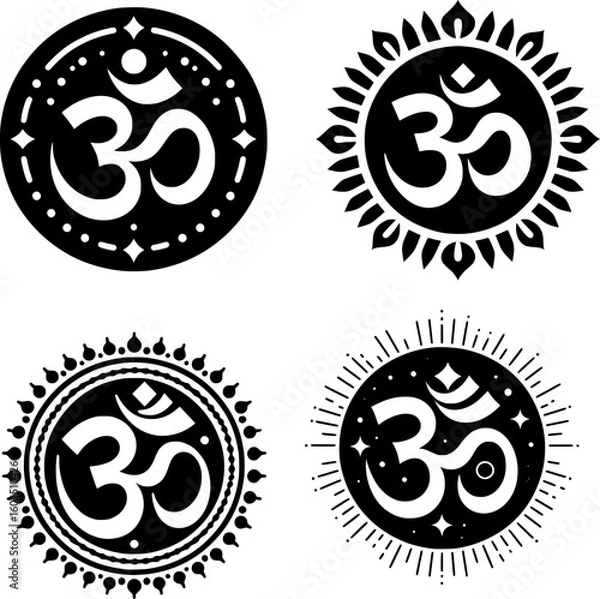 Fototapeta set of four black and white flat vector icon of the mm symbol in sanskrit, bold, sacred, and minimal spiritual icon.