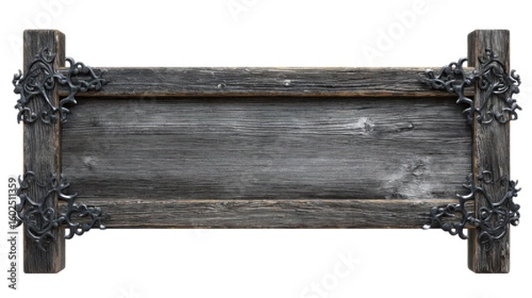 Fototapeta A rustic wooden sign with weathered wood and metal accents, set against a transparent background. The frame is made of dark gray chains that form an elegant border around the edges of the board. 
