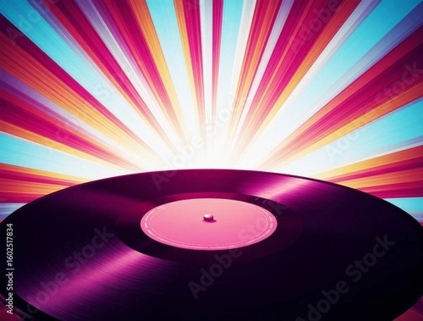 Fototapeta vinyl_turntable_with_abstract_70s-style_rays_in_the_background_neon_retro_vibe