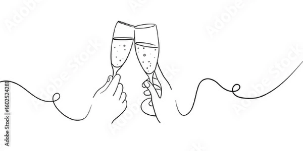 Fototapeta Continuous line champagne cheers one line art, continuous drawing contour. Hands toasting with wine glasses with drinks. Cheers toast festive decoration for holidays. Vector illustration	