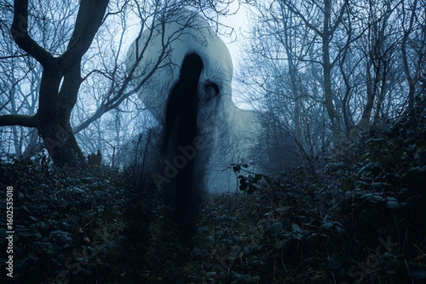 Fototapeta A haunted forest scene in winter with a blurred, translucent ghost, foggy and twisted tree branches