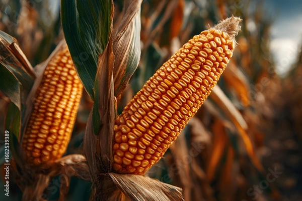 Obraz Close up of golden corn cobs ripening on the stalks, ready for harvest