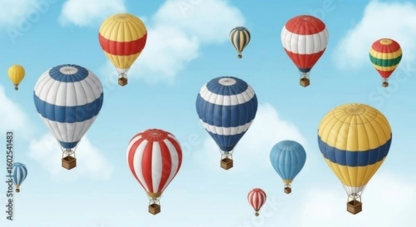 Fototapeta Colorful Hot Air Balloons Soaring Through a Sunny Sky: A Dreamy Aerial View