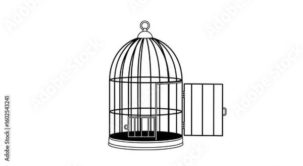 Fototapeta Stylized monochrome illustration featuring an open birdcage with minimalist design, evoking concepts of freedom and confinement