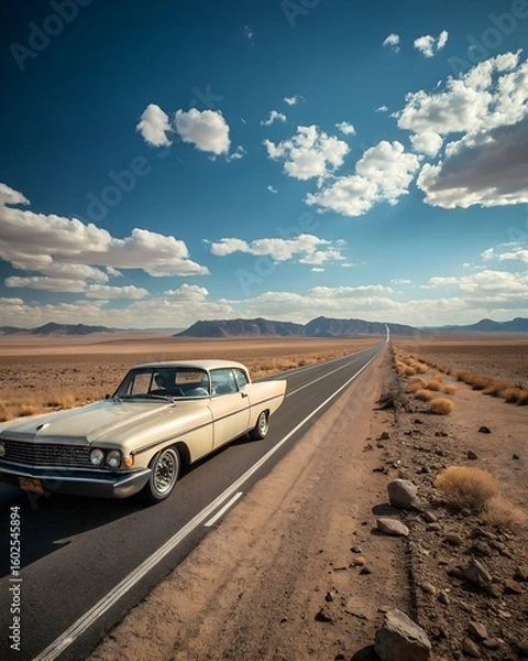 Fototapeta A vintage car drives along a long, empty road in a desert landscape. The sky is blue with fluffy clouds and distant mountains are visible.