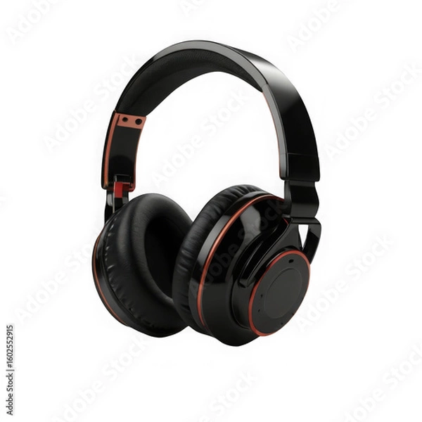 Fototapeta Photo of black overear headphones with red accents isolated on transparent background