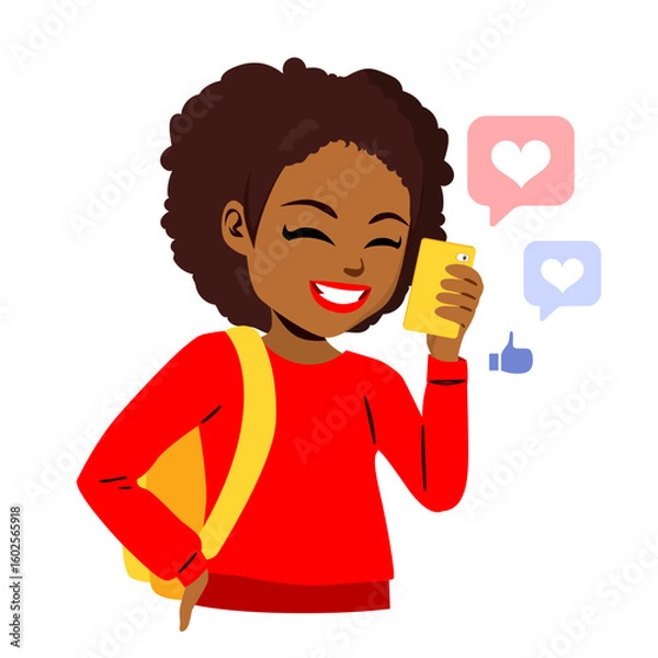 Obraz Cartoon vector of a teenage girl smiling while receiving positive comments on her smartphone. Illustration for social media, self-esteem mental health concept