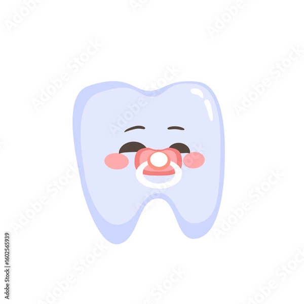 Obraz Cartoon illustration of a baby tooth with a pacifier, representing early childhood and first teeth development. Drawing for pediatric, dental or parenting visuals