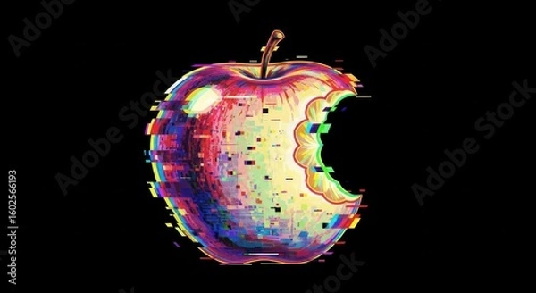 Fototapeta Glitch art apple with bite mark on black background