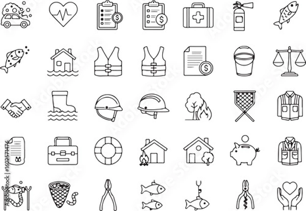 Fototapeta Multifunctional icon set, fishing and safety graphics, finance and healthcare symbols, emergency equipment illustrations for web, apps, branding, packaging, editorial, and tutorial content