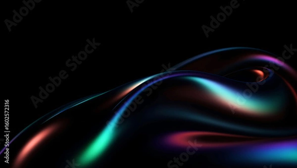 Fototapeta Black dark abstract background. Iridescent fluid glass wave. Prism shape 3D render. Smooth curve transition. Rainbow light flare. Bright glow shimmer. Neon metallic futuristic blur texture