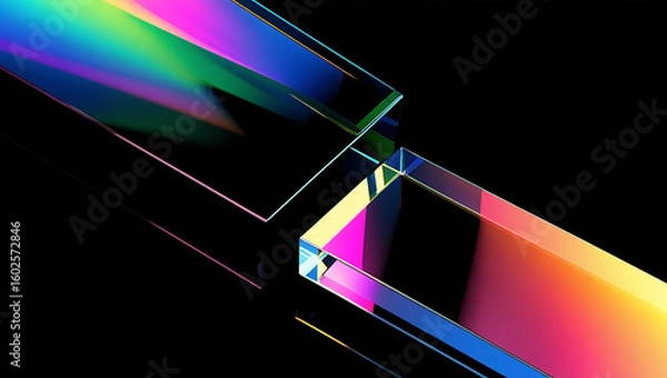 Fototapeta Black dark background with holographic crystal prisms. Rainbow neon light reflection. Color gradient glow. Smooth surface. Shiny glass edges. 3D abstract geometric shape. Futuristic glossy blur