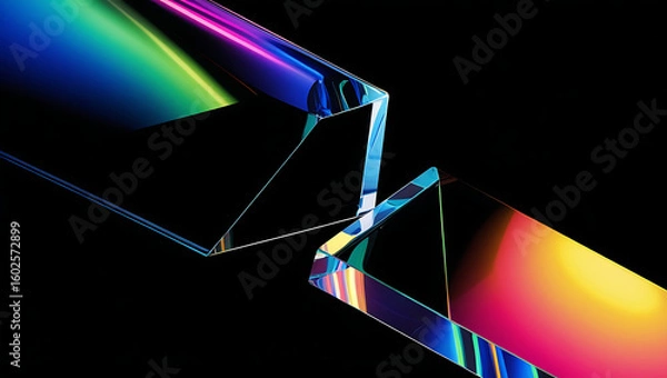 Fototapeta Black dark background with holographic crystal prisms. Rainbow neon light reflection. Color gradient glow. Smooth surface. Shiny glass edges. 3D abstract geometric shape. Futuristic glossy blur