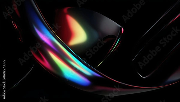 Fototapeta  Black dark abstract background. Iridescent glass prism shape. Minimalist fluid 3D render. Camera flare, rainbow light reflection. Smooth curve. Glow shimmer neon metallic. Blurred digital texture.