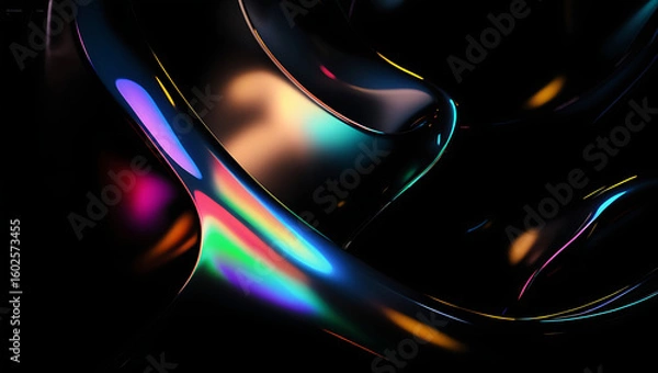 Fototapeta  Black dark abstract background. Iridescent glass prism shape. Minimalist fluid 3D render. Camera flare, rainbow light reflection. Smooth curve. Glow shimmer neon metallic. Blurred digital texture.