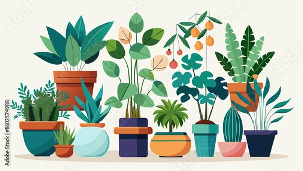 Fototapeta Vector art of a cheerful gathering of potted plants including leafy varieties and succulents arranged to bring life and color to any indoor space