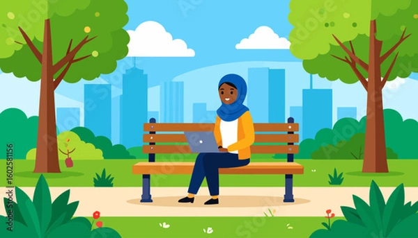 Fototapeta A smiling woman in a blue hijab and yellow cardigan working on a laptop while sitting on a park bench.