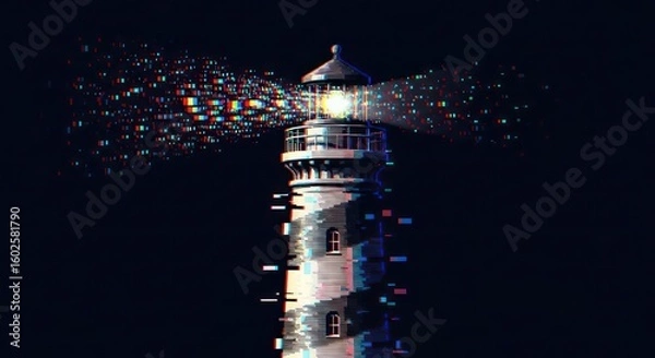 Fototapeta Lighthouse with digital glitch effect against dark night sky