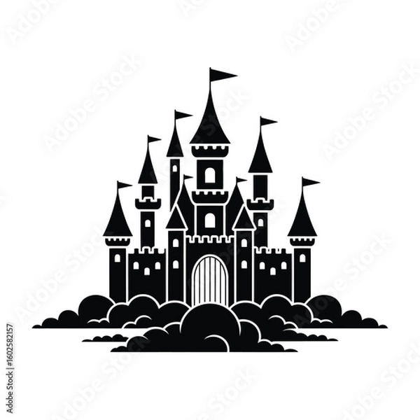 Fototapeta Black and White Fantasy Castle Silhouette with Flags and Clouds