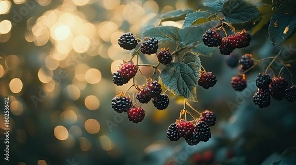 Obraz Fresh, ripe wild blackberries hanging from branches. -