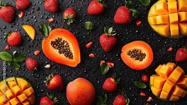 Obraz Fresh Strawberries, Papaya, and Mango Fruits Scattering Isolated on Transparent Background
