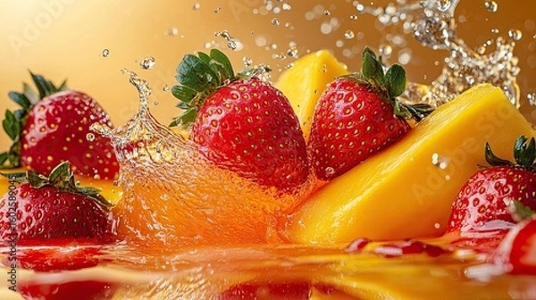 Obraz Fresh Strawberries, Papaya, and Mango Splashing, Isolated on Transparent Background 