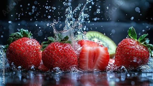 Obraz Fresh strawberries, watermelon, and kiwi with a splash of water.