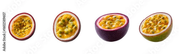 Fototapeta Passion fruit halves arranged on white backdrop. Tropical fruit, exotic, freshness, healthy, vibrant, juicy, delicious, culinary, wellness, nutrition