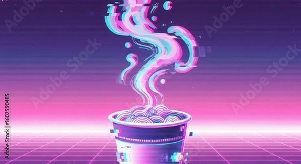 Fototapeta Ramen bowl with vapor and grid background digital art