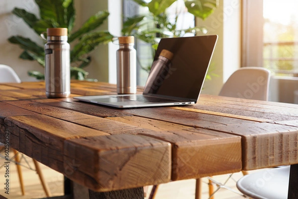 Fototapeta Rustic wooden table with laptop and water bottles image
